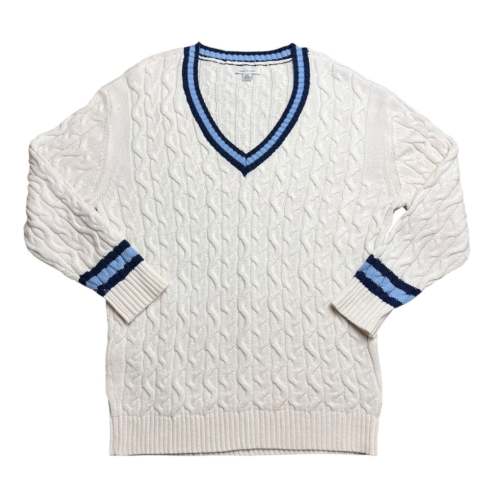 American Eagle Cable Knit Varsity V-Neck Sweater Cream Blue Large P-00018 Mens